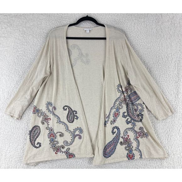 J. Jill Sweaters - J. Jill Ivory Paisley Print Open Front Cardigan Sweater Womens 3/4 Sleeve Size L